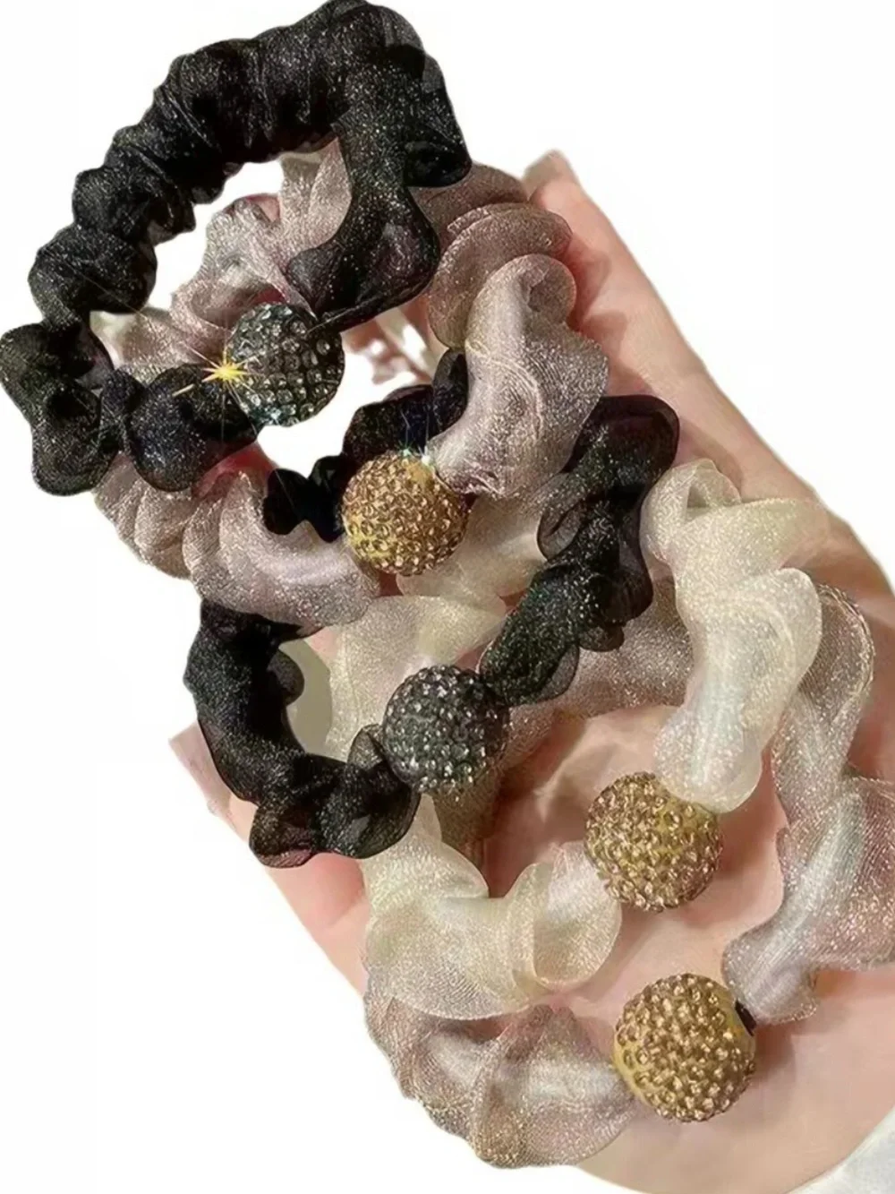5 Sparkle Beaded Organza Hair Scrunchies
